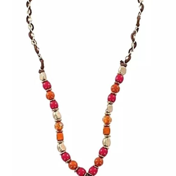 Erica Lyons Gold Necklace with Orange & Fuchsia Elements NWT 30" Pendant 5" - Picture 2 of 2